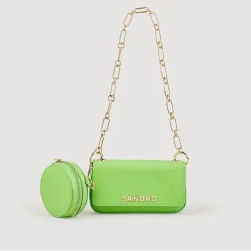 NWT $360 SANDRO totemo shoulder bag LIME GREEN with gold chain +zip coin purse - Picture 1 of 13